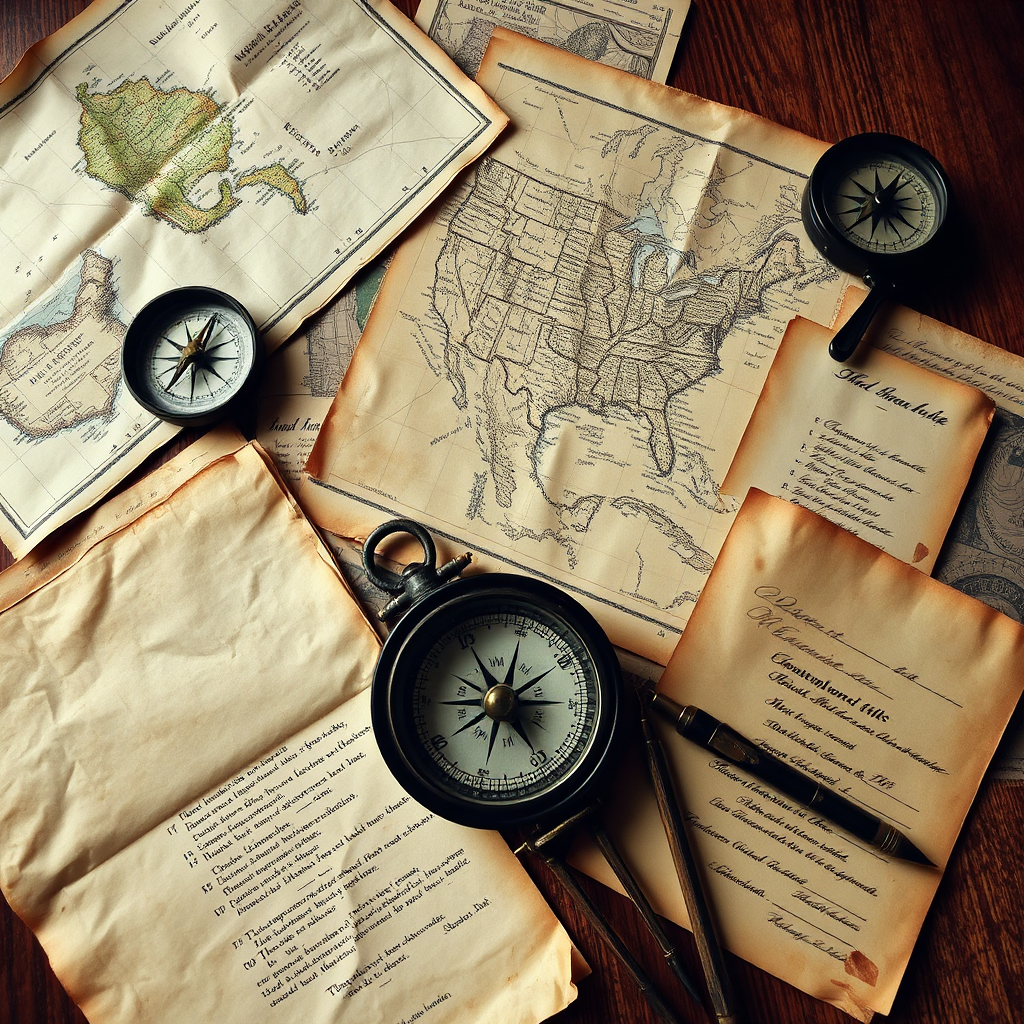 Old maps and compass for alternative history