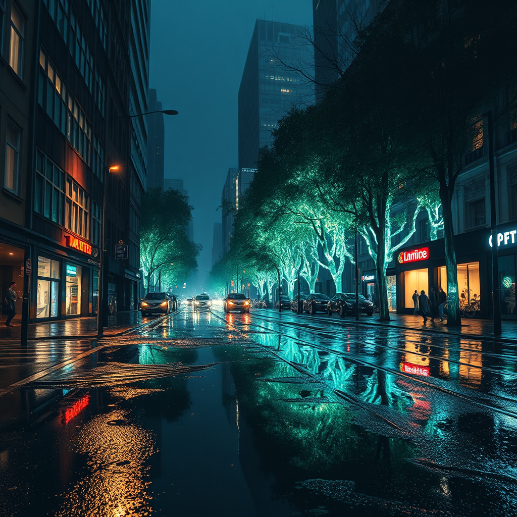 Rainy city street at night