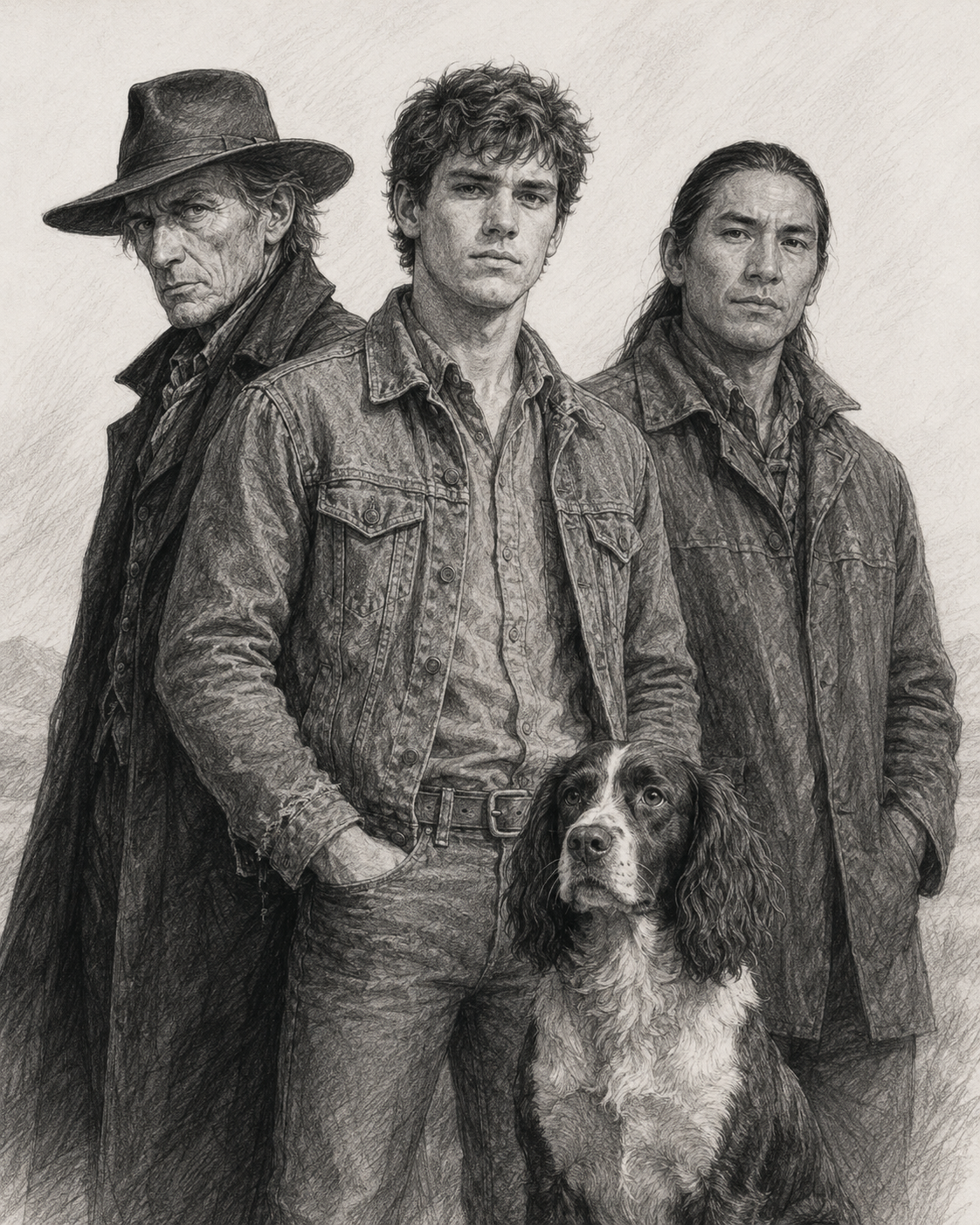 Pencil-style portrait of Silas Crowder, Wade Harlan, Calvin Two Pines, and Tweak from Wild Magic USA